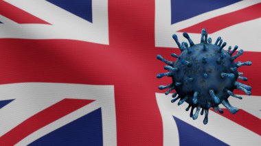 Birleşik Krallık bayrağı üzerinde salınan grip koronavirüsü solunum yoluna saldıran bir patojen. Britanya pankartı Covid19 virüs enfeksiyonu konseptiyle sallanıyor. Yakın çekim kumaş dokusu Asteğmen