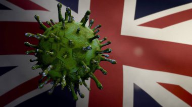 Birleşik Krallık bayrağı sallanıyor Coronavirus salgını solunum sistemini tehlikeli grip olarak etkiliyor. Influenza tipi Covid 19 virüsü. Ulusal Britanya pankartı arka planda. Salgın konsepti