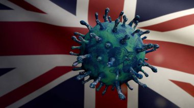 Birleşik Krallık bayrağı dalgalanması ve Coronavirus 2019 nCov konsepti. Britanya 'da Asya salgını, koronavirüs gribi salgını, salgın gibi grip salgını. Mikroskop virüsü Covid19 yakın çekim.