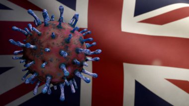 Birleşik Krallık bayrağı üzerinde salınan grip koronavirüsü solunum yoluna saldıran bir patojen. Britanya pankartı Covid19 virüs enfeksiyonu konseptiyle sallanıyor. Yakın çekim kumaş dokusu Asteğmen