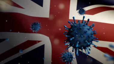 Birleşik Krallık bayrağı dalgalanması ve Coronavirus 2019 nCov konsepti. Britanya 'da Asya salgını, koronavirüs gribi salgını, salgın gibi grip salgını. Mikroskop virüsü Covid19 yakın çekim.