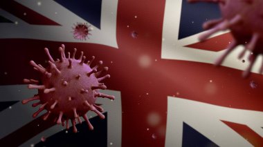 Birleşik Krallık bayrağı üzerinde salınan grip koronavirüsü solunum yoluna saldıran bir patojen. Britanya pankartı Covid19 virüs enfeksiyonu konseptiyle sallanıyor. Yakın çekim kumaş dokusu Asteğmen