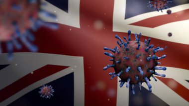 Birleşik Krallık bayrağı dalgalanması ve Coronavirus 2019 nCov konsepti. Britanya 'da Asya salgını, koronavirüs gribi salgını, salgın gibi grip salgını. Mikroskop virüsü Covid19 yakın çekim.