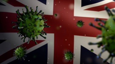 Birleşik Krallık bayrağı üzerinde salınan grip koronavirüsü solunum yoluna saldıran bir patojen. Britanya pankartı Covid19 virüs enfeksiyonu konseptiyle sallanıyor. Yakın çekim kumaş dokusu Asteğmen