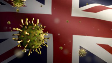 Birleşik Krallık bayrağı sallanıyor Coronavirus salgını solunum sistemini tehlikeli grip olarak etkiliyor. Influenza tipi Covid 19 virüsü. Ulusal Britanya pankartı arka planda. Salgın konsepti