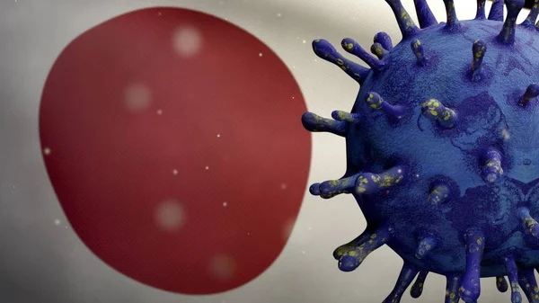 Japanese flag waving with the Coronavirus outbreak infecting respiratory system as dangerous flu. Influenza type Covid 19 virus with national Japan banner blowing at background. Pandemic risk concept