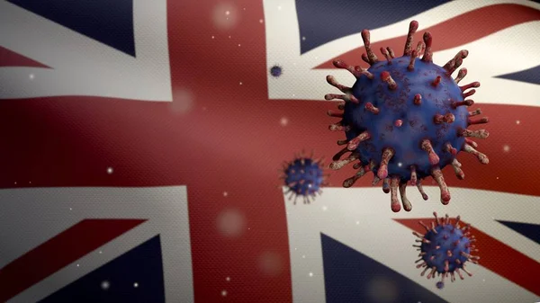 Birleşik Krallık bayrağı sallanıyor Coronavirus salgını solunum sistemini tehlikeli grip olarak etkiliyor. Influenza tipi Covid 19 virüsü. Ulusal Britanya pankartı arka planda. Salgın konsepti