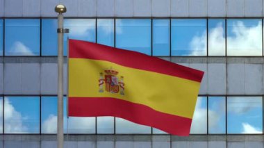 Modern bir gökdelen şehrinde dalgalanan 3 boyutlu İspanyol bayrağı. İspanya 'nın yumuşak ipek pankartıyla güzel, uzun bir kule. Kumaş kumaş dokusu, Asteğmen. Ulusal Gün Taşra Konsepti.