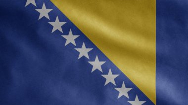 Rüzgarda dalgalanan Bosna bayrağı. Bosna afişini yakın çekin, yumuşak ve pürüzsüz ipek. Kumaş kumaş dokusu Asteğmen arkaplan.