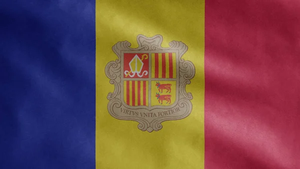 Bandiera Andorrana Sventola Nel Vento Primo Piano Dello Striscione Andorra — Foto Stock