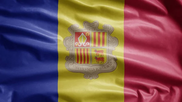 Die Andorranische Flagge Weht Wind Nahaufnahme Von Andorra Banner Weht — Stockfoto