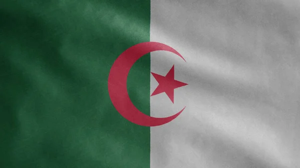 阿尔及利亚国旗在风中飘扬 靠近阿吉里亚的旗帜飘扬 柔滑柔滑的丝绸 布匹织物质感标志背景 — 图库照片