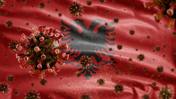 3D, Flu coronavirus floating over Albanian flag, a pathogen that attacks the respiratory tract. Albania banner waving with pandemic of Covid19 virus infection concept. Real fabric texture ensign