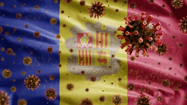 Coronavírus Gripe Flutuando Sobre Bandeira Andorrana Patógeno Que Ataca Trato — Fotografia de Stock