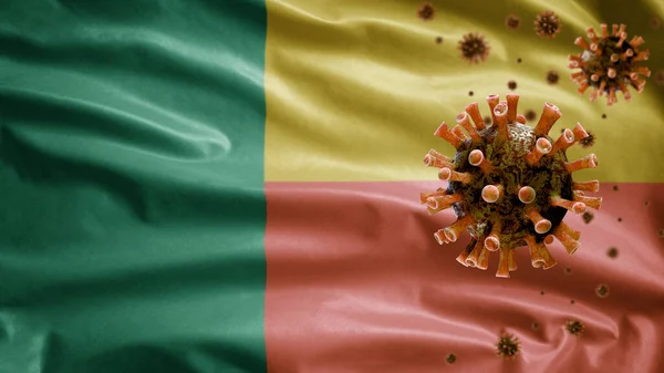 Bandeira Beninês Acenando Com Surto Coronavirus Infectando Sistema Respiratório Como — Fotografia de Stock