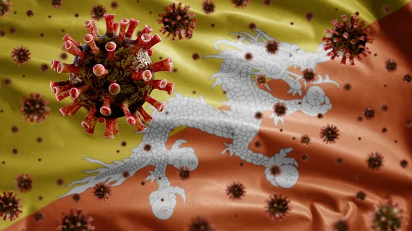 ブータンの旗の上に浮かぶインフルエンザコロナウイルス 呼吸器系を攻撃する病原体 Covid19ウイルス感染概念のパンデミックに手を振ってブタンバナー 本物の生地の質感のサイン — ストック写真