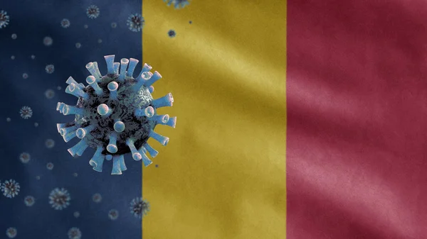 Chadiaanse Vlag Wapperend Met Coronavirus Uitbraak Infecterend Ademhalingsstelsel Als Gevaarlijke — Stockfoto