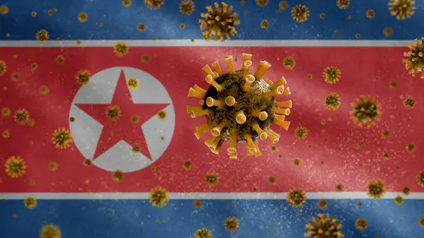 Bandeira Norte Coreana Acenando Com Surto Coronavírus Infectando Sistema Respiratório — Fotografia de Stock
