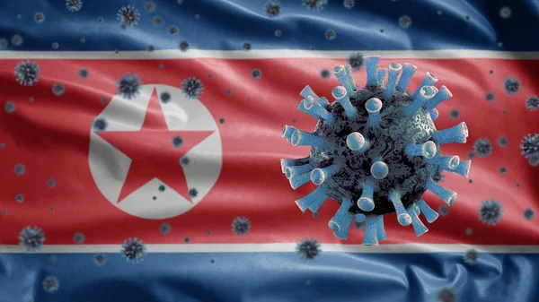 Coronavírus Gripe Flutuando Sobre Bandeira Norte Coreana Patógeno Que Ataca — Fotografia de Stock