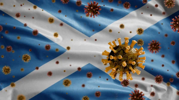 Flu Coronavirus Flotando Sobre Bandera Escocesa Patógeno Que Ataca Tracto —  Fotos de Stock