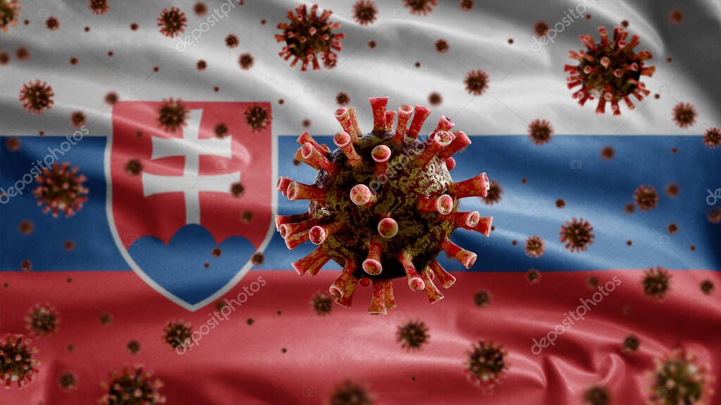 3D, Flu coronavirus flotando sobre la bandera eslovaca, un patógeno que