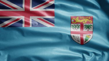 Fiji bayrağı rüzgarda dalgalanıyor. Fiji afişini yakın çekin, yumuşak ve pürüzsüz ipek. Kumaş kumaş dokusu Asteğmen arkaplan.