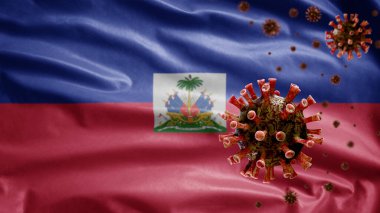 3D, Haiti bayrağı sallanıyor. Koronavirüs salgını solunum sistemini tehlikeli bir grip gibi etkiliyor. Arkaplanda ulusal Haiti bayrağı dalgalanan Covid 19 tipi bir virüs..