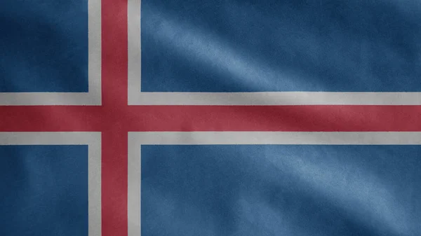 冰岛国旗在风中飘扬 靠近冰岛的横幅飘扬 柔滑的丝绸 布料质地为背景图案 将其用于国庆日和国庆日概念 — 图库照片