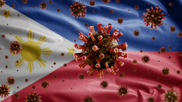 Flu Coronavirus Flotando Sobre Bandera Filipinas Patógeno Que Ataca Tracto — Foto de Stock