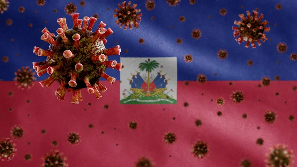 Flu Coronavirus Плаває Над Гаїтянським Прапором Патогеном Який Атакує Дихальні — стокове фото