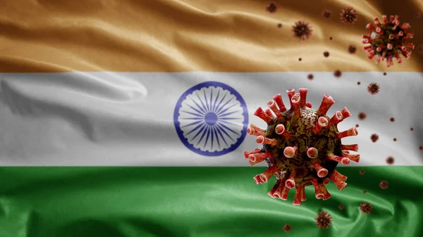 Bandera India Ondeando Con Brote Coronavirus Infectando Sistema Respiratorio Como — Foto de Stock