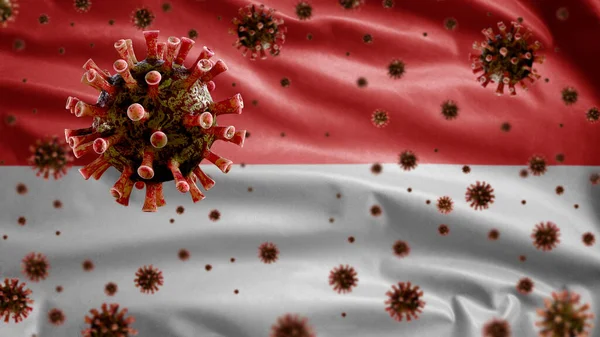 Griep Coronavirus Drijvend Boven Indonesische Vlag Een Ziekteverwekker Die Luchtwegen — Stockfoto