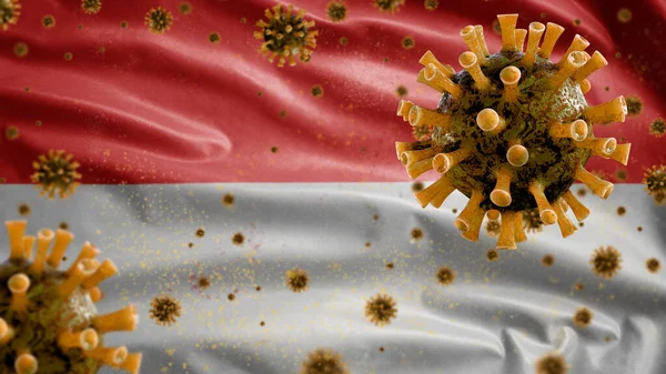 Indonesische Vlag Wapperend Met Coronavirus Uitbraak Infecteren Ademhalingsstelsel Als Gevaarlijke — Stockfoto