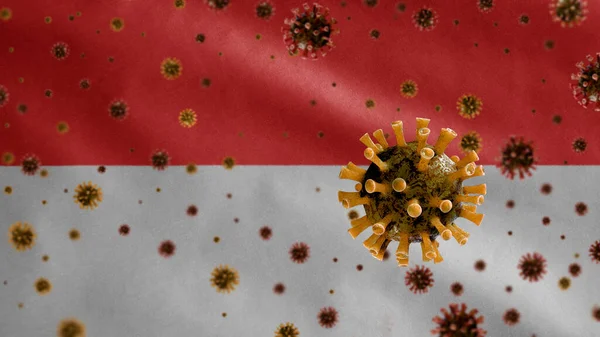 Flu Coronavirus Mengapung Atas Bendera Indonesia Patogen Yang Menyerang Saluran — Stok Foto