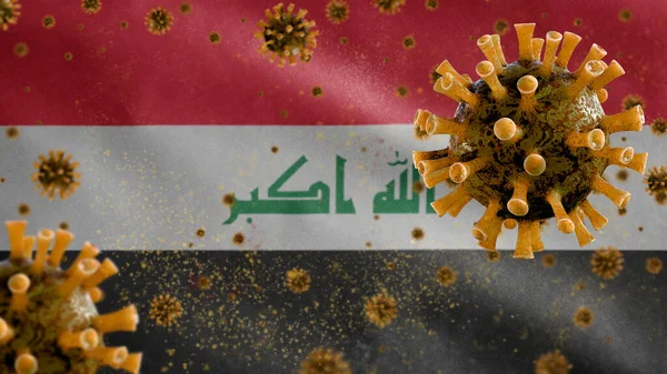 Bandera Iraquí Ondeando Con Brote Coronavirus Infectando Sistema Respiratorio Como — Foto de Stock