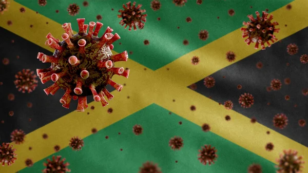 Griep Coronavirus Zwevend Boven Jamaicaanse Vlag Een Ziekteverwekker Die Luchtwegen — Stockfoto