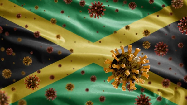 Griep Coronavirus Zwevend Boven Jamaicaanse Vlag Een Ziekteverwekker Die Luchtwegen — Stockfoto