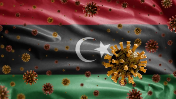 Flu Coronavirus Floating Libyan Flag Pathogen Attacks Respiratory Tract Libya — Stock Photo, Image