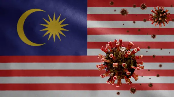 코로나 바이러스와 흔들고 말레이시아 국기는 호흡기 계통을 독감으로 감염시키고 인플루엔자 — 스톡 사진