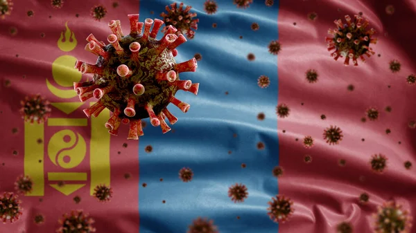 Flu Coronavirus Flotando Sobre Bandera Mongolia Patógeno Que Ataca Tracto — Foto de Stock