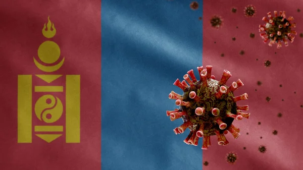 Монгольський Прапор Розмахуючи Коронавірусом Заражає Дихальну Систему Небезпечний Грип Вірус — стокове фото