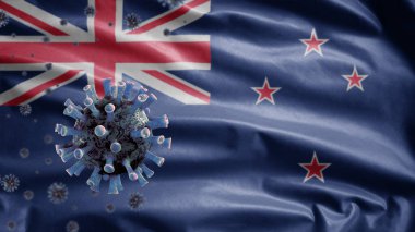 3D, Yeni Zelandalı bayrak sallama ve Coronavirus 2019 nCov konsepti. Yeni Zelanda 'da Asya salgını, koronavirüs salgını, salgın gibi tehlikeli grip salgını vakaları. Mikroskop virüsü Covid19 yakın çekim.