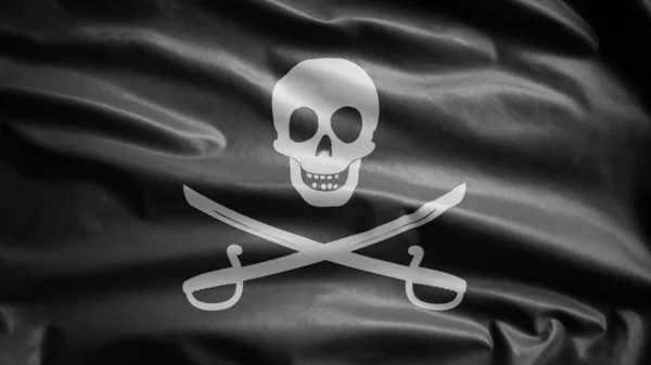 3D, fabric texture of the pirate skull with sabers flag waving in wind. Calico Jack pirate symbol for hacker and robber concept. Realistic flag of Pirates black on the wavy surface