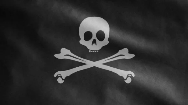 3D, fabric texture of the pirate skull with bones flag waving in wind. Calico Jack pirate symbol for hacker and robber concept. Realistic flag of Pirates black on the wavy surface