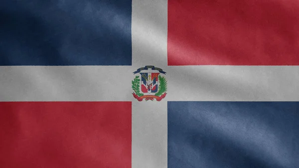 ドミニカナの旗が風になびく ドミニカ共和国のバナーが吹いて 柔らかく滑らかなシルクを閉じます 布生地の質感が背景を刻印 ナショナルデーや国の機会の概念のためにそれを使用する — ストック写真