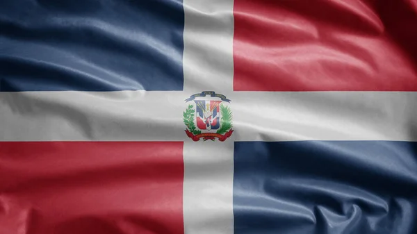 Σημαία Dominicana Κυματίζει Στον Άνεμο Κοντινό Πλάνο Της Δομινικανής Δημοκρατίας — Φωτογραφία Αρχείου
