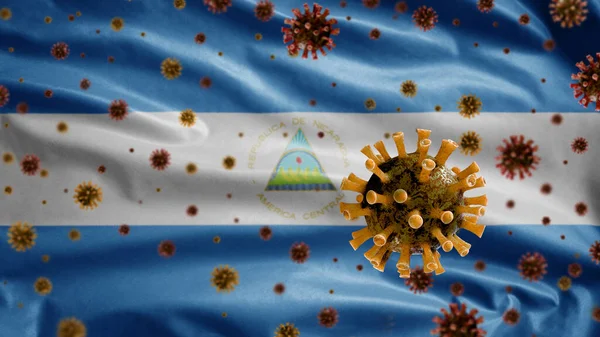 Коронавирус Гриппа Плавающий Над Никарагуанским Флагом Патогеном Который Атакует Дыхательные — стоковое фото
