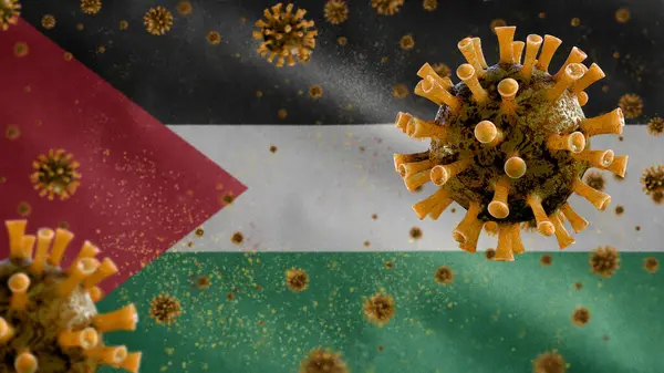 Palestinian Flag Waving Coronavirus Outbreak Infecting Respiratory System Dangerous Flu — Stock Photo, Image