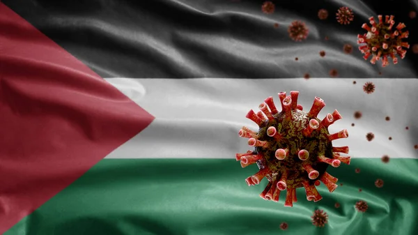 Palestinian Flag Waving Coronavirus Outbreak Infecting Respiratory System Dangerous Flu — Stock Photo, Image