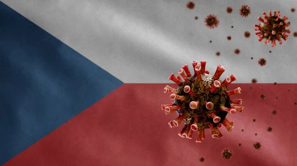 Bandera Chequia Ondeando Con Brote Coronavirus Infectando Sistema Respiratorio Como —  Fotos de Stock